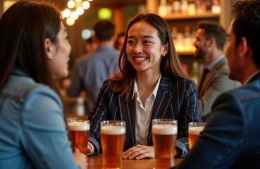 Smiling young woman conversation with colleagues at networking event in cozy bar. Business people enjoy drinks, socialize. Group of adults socializing. Lively, friendly atmosphere. Modern bar setting