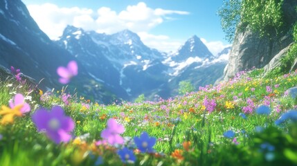 Vibrant Wildflower Meadow Amongst Majestic Snowcapped Mountains
