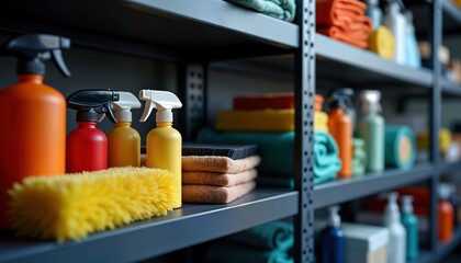 Close-up view of car detailing products on shelves. Various cleaning tools, supplies displayed. Colorful bottles of car wash detergents visible. Cleaning brushes, towels also showcased. Car care