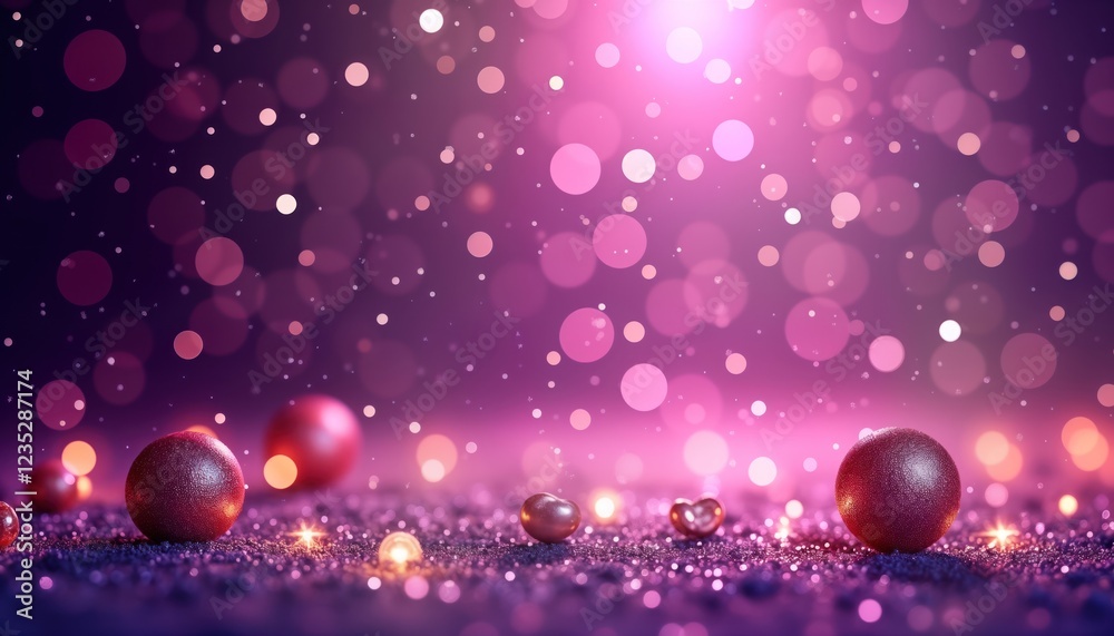 Poster purple sparkling background with glittering lights. purple, pink bokeh effect creates festive atmosp