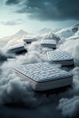 Floating mattresses resting on soft clouds above a dreamy mountain landscape, symbolizing ultimate comfort, luxury sleep, and relaxation