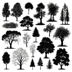 Obraz premium Collection of various tree silhouettes, showcasing a diversity of shapes and sizes, ideal for design projects or illustrations.