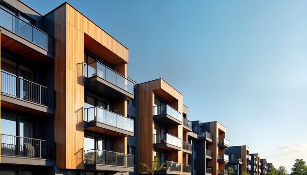 Modern apartment buildings stand tall against clear blue sky. Wood paneling accents structures, luxurious balconies offer excellent view. Design contemporary with clean lines. Residential development
