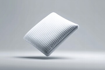 A premium white memory foam pillow floating against a neutral background, representing ultimate comfort, support, and high-quality sleep