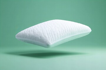 A premium white memory foam pillow floating against a soft green background, symbolizing comfort, breathability, and high-quality sleep