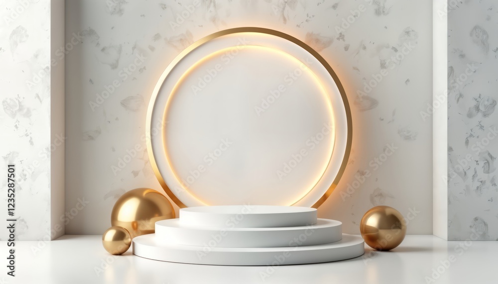 Poster empty white podium with gold accents. minimalist luxury design. modern display platform for product 