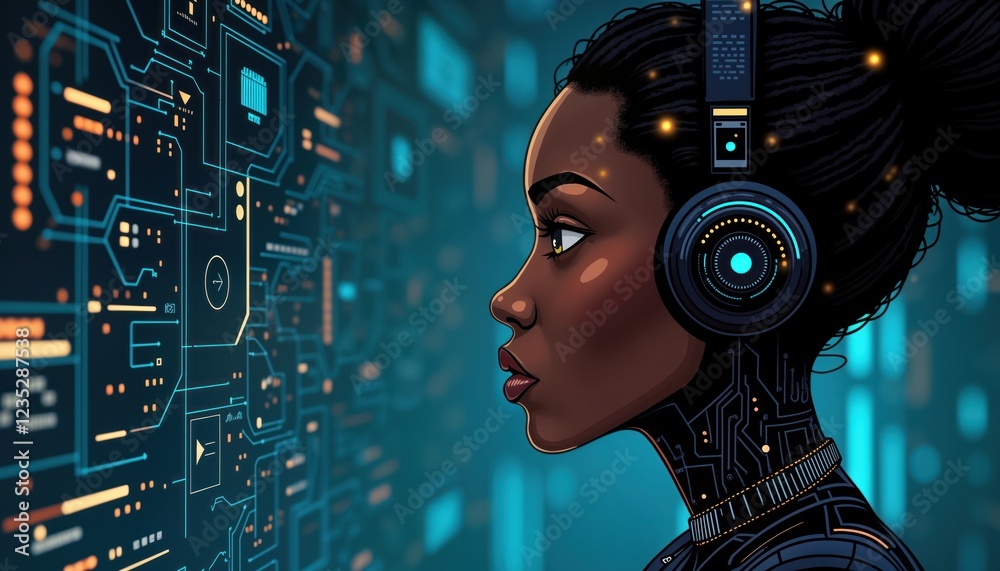 Aufkleber focused black woman specialist in futuristic tech environment. ai cyber security expert analyzing co