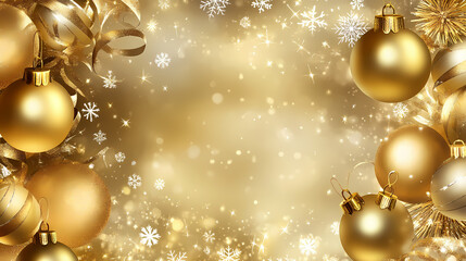 A warm gold christmas template framed with shimmering golden baubles, snowflakes, and ribbon, offering a luxurious feel for festive designs. Opulent Gold. Illustration