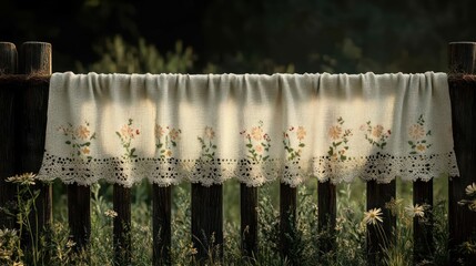 Embroidered linen drying, rustic fence, garden, sunset