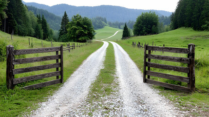 Fototapeta premium Open wooden gate leads to a winding gravel road through lush green hills and forests in the countryside.