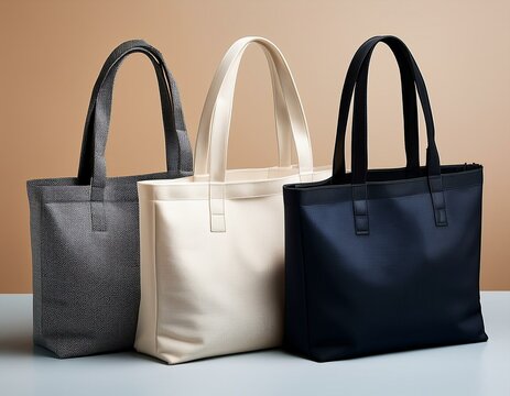 totes bag neutres en tissus sans &eacute;criture pos&eacute;s sur un fond cr&egrave;me en ia