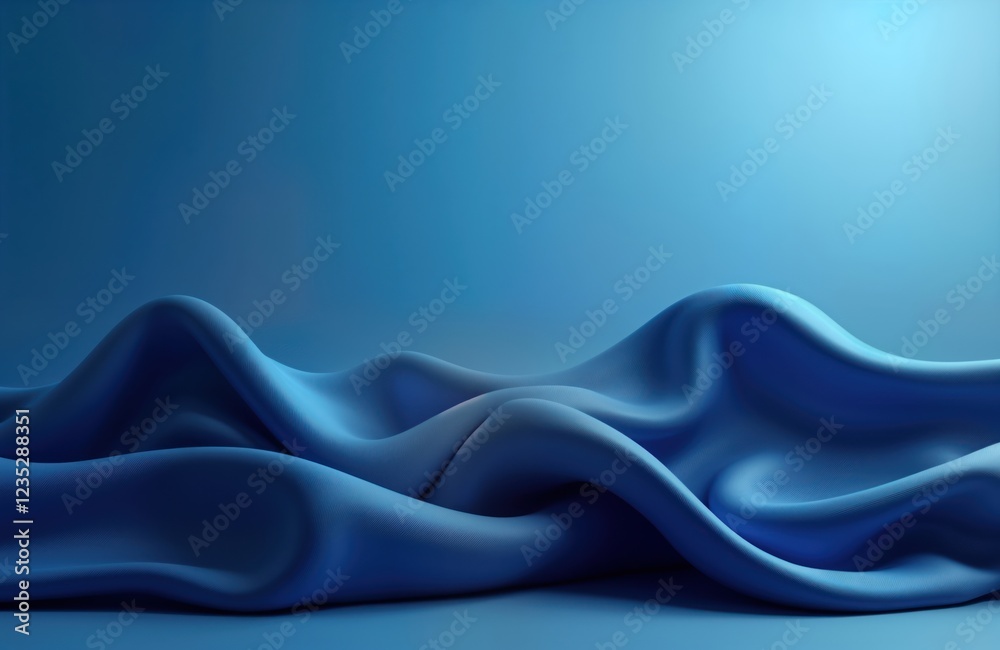 Poster dark blue fabric drapes elegantly creating smooth wave effect against blue background. flowing texti