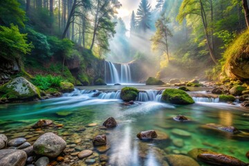 Crystal clear river flowing through a misty forest with rocks and waterfalls, waterfall, nature, outdoor adventure