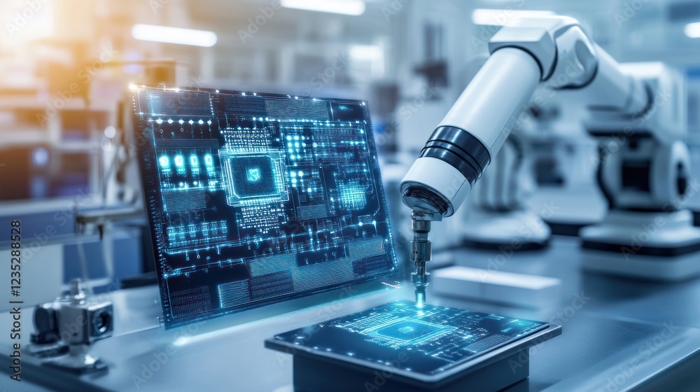 Poster Robotic Arm Assembling Microchip Circuit Board