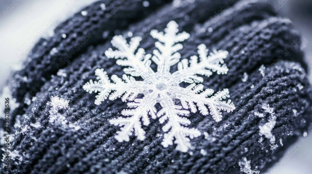 Poster intricate snowflake resting on a dark knit glove