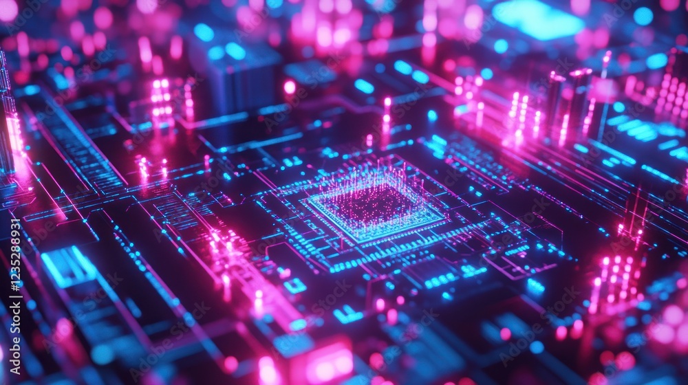 Poster neon glowing circuit board central processing unit