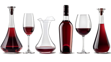 A set of wine bottles and glasses, isolated on a white background.