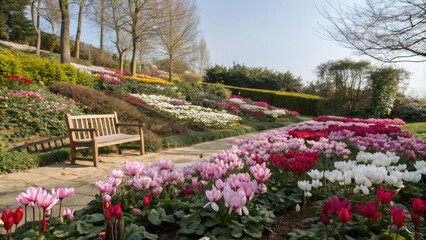 Obraz premium Cyclamen flowers in a garden with a variety of colorful flowers and a small wooden bench, garden design, floral arrangements