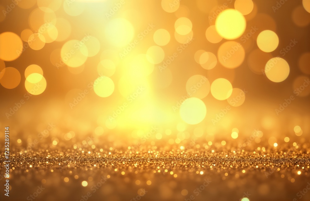 Poster golden glitter background with bokeh effect. abstract festive pattern. bright golden sparkles. shimm
