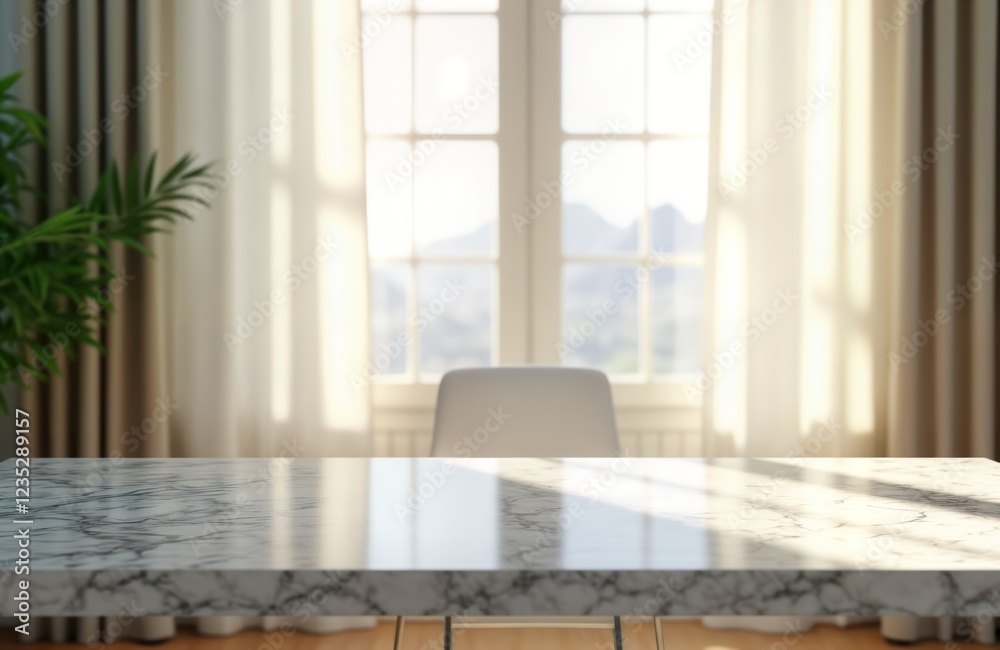 Poster Empty marble countertop in front of window with white curtains. Sunlight casts shadows on surface. Home interior design with view of landscape. Suitable for product placement, design. Stylish, modern