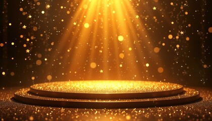 Golden stage for awards ceremony. Glitter and lights create luxurious atmosphere. Stars and particles swirl around. Perfect backdrop for awards animation. Luxury and celebration theme.