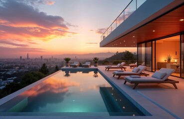 Fototapeta premium Luxury penthouse pool area in Los Angeles villa. Stunning panoramic city views. Mid-century modern architecture. Relaxing atmosphere. Stylish furniture around infinity pool. Sunset colors reflect in