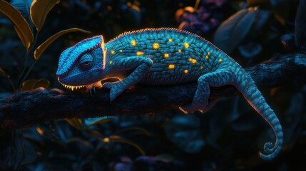 Luminous Chameleon Resting On Branch At Night