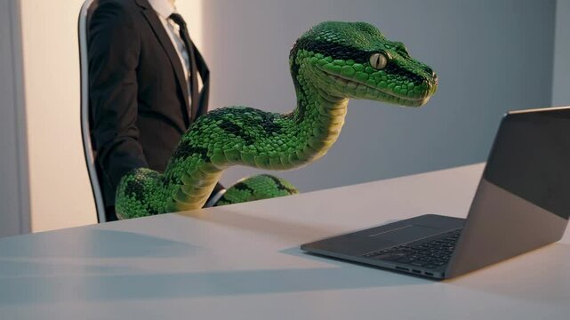 Snake explores corporate workspace. Suited professional encounters unexpected reptilian visitor during technology setup. Fixed camera captures minimalist scene.
