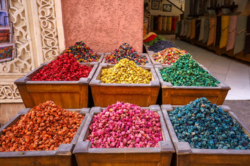 Landscape view of spice in the splendid street shops of the Old Medina in Marrakech, Morocco. The picture was taken in Marrakech on December 5, 2024