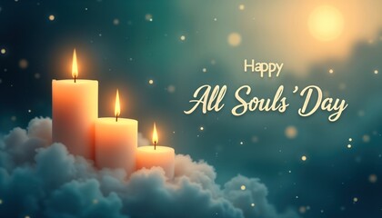 Soft glow of candles on clouds Souls Day. Warm light embodies peace, remembrance. Elegant text celebrates day. Spiritual, cultural tradition honored in calm scene. Suitable for memorial design.