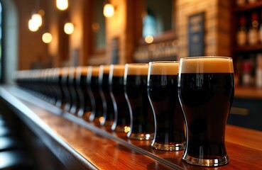 Dark stouts in glasses with creamy heads arranged in rows on wooden bar in Dublin museum. Show Ireland iconic Guinness brew. Photo captures cultural tradition, heritage. Perfect pints displayed,