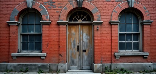 Fototapeta premium Red brick facade with two arched windows, wooden door. Urban decay, time passage are evident in weathered appearance. Architectural elements suggest historical building or building from different era.