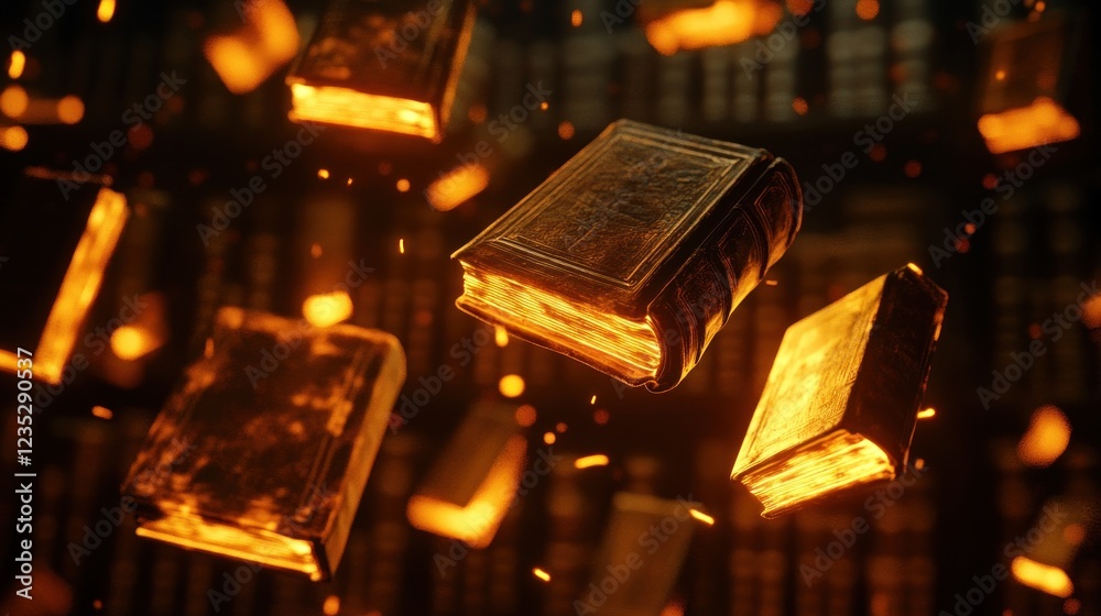 Poster ancient books glowing in magical library setting
