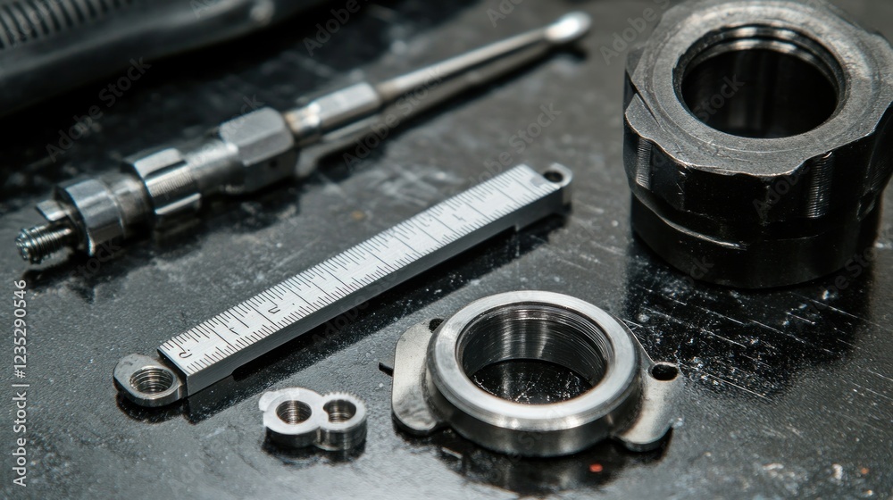 Poster precision machined metal parts and tools arranged on a surface