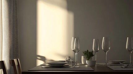 Fototapeta premium A serene dining table set with glasses and a small plant, bathed in soft natural light.