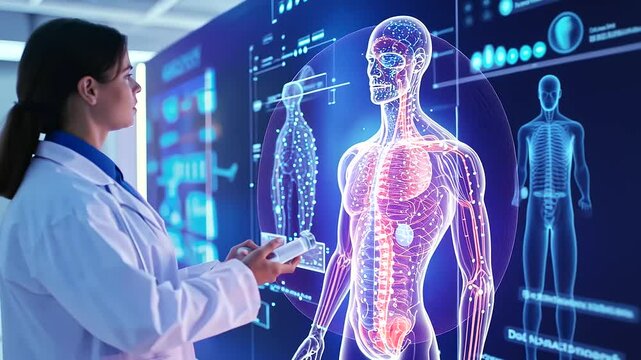 Cutting-edge diagnostic room featuring AI-driven biosensor data projections.