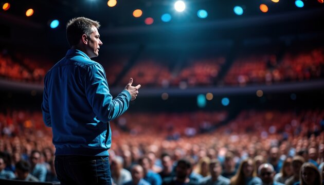 Motivational speaker addressing large audience in auditorium. Event pro giving presentation. Person on stage in front of many people. Inspiring talk at conference seminar. Businessman executive - Powered by Adobe