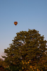 Hot air baloon soaring over the skies of Stockholm at sunset in the warm Swedish summer. Setting sun with Varmluftsballong over a tree. 