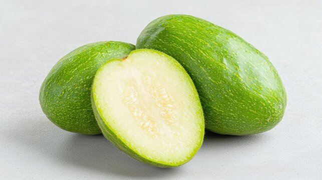 Fresh green pointed gourds with one sliced in half on a neutral grey studio surface.