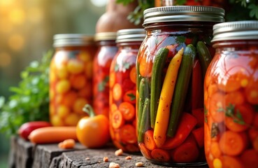 Autumn harvest vegetables preserved in jars. Various vegetables like cucumbers peppers tomatoes, carrots salted, pickled in glass jars. Homemade food preservation. Rustic kitchen setting. Traditional