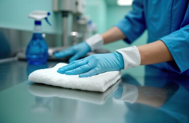 Person in blue uniform, gloves cleans hospital surface with white cloth. Sanitary worker cleans stainless steel surface. Hospital hygiene important for patient health. Cleanliness in medical