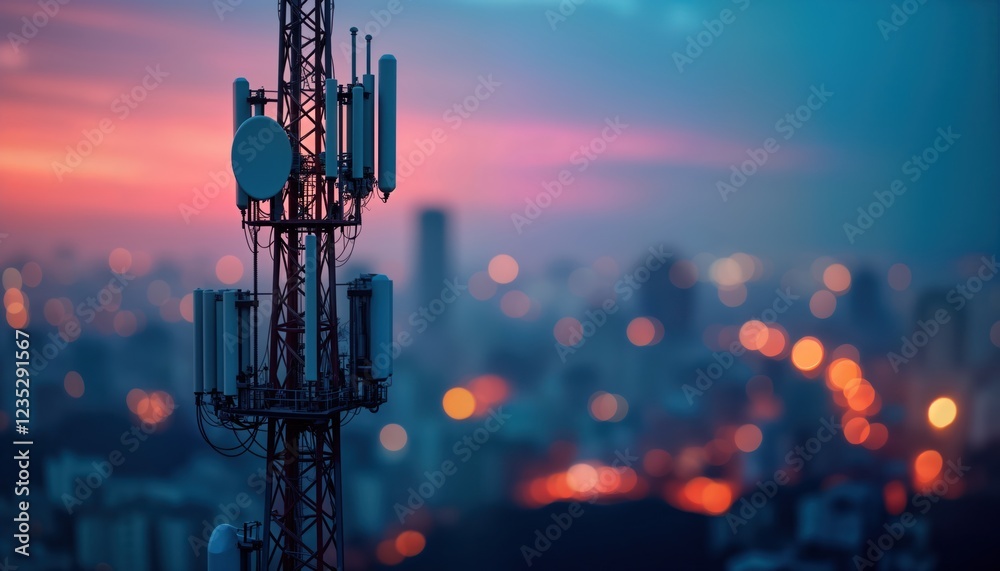 Aufkleber telecom tower stands tall against blurred city lights at dusk. modern tech infrastructure connects u