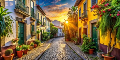 Fototapeta premium Funchal, Madeira: Charming Street Scene, Colorful Buildings, Sunlit Cobblestone