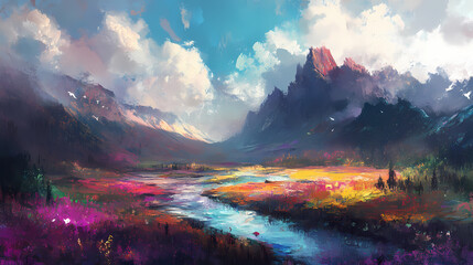 Vibrant, textured oil painting of a rough and rustic landscape, featuring rich colors and dynamic brushstrokes that evoke emotion and depth. Dynamic Brushstrokes. Illustration