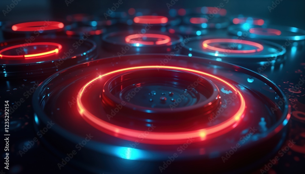Aufkleber Abstract design with glowing circles. Circular patterns in dark space. Neon light effects create vibrant colors. Modern design. Futuristic style. Excellent for tech backgrounds. Stylish geometric