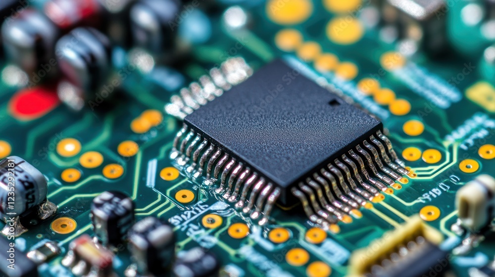 Poster Closeup view of a microchip on a circuit board