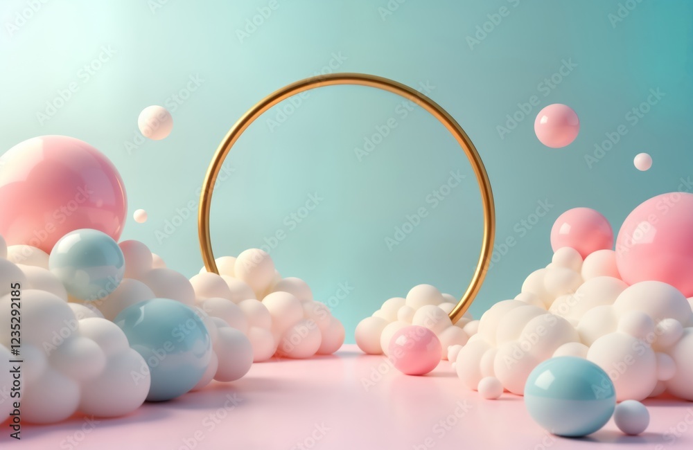 Poster pastel colored spheres float in air above fluffy clouds. soft clouds, round shapes form landscape. g