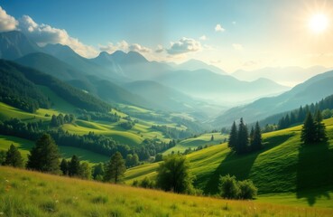 Obraz premium Rolling hills, valleys dotted with trees create tranquil summer landscape. Green meadows, forests stretch across terrain under bright sunny sky. Majestic mountains form captivating backdrop.