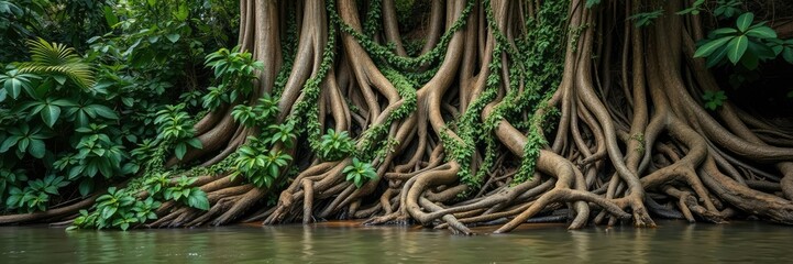 Dense foliage of tropical vines wrapping around the trunks of ancient tree roots in a slow-moving stream, outdoor, tree roots, vines