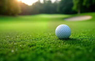 Obraz premium White golf ball rests on manicured green grass of golf course. Sunny day. Peaceful scene. Great for relaxation hobbies, sports. Outdoor recreational activity. Beautiful summer day. Fresh clean